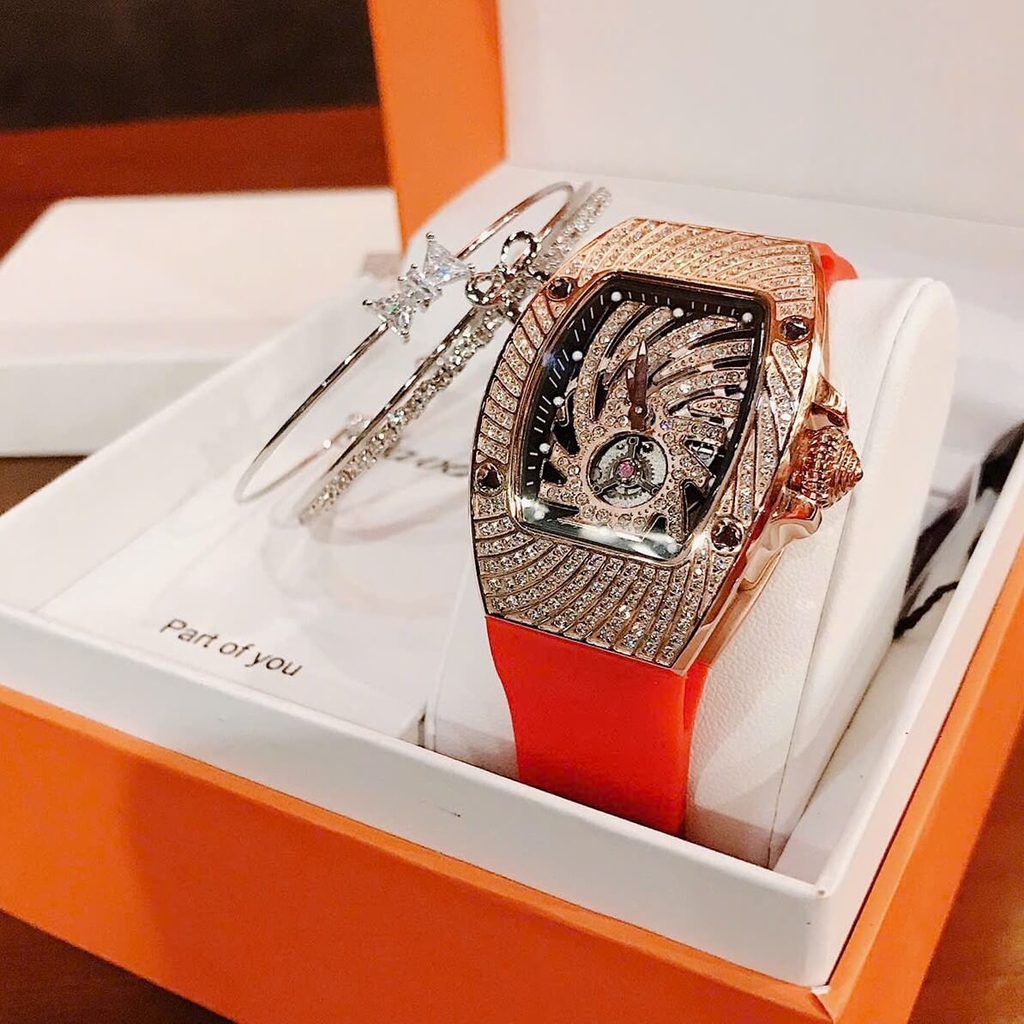 Set Đồng Hồ Nữ Hanboro Dây Cao Su Đỏ Chính Hãng Đính Đá Rose Gold Size 31x44mm Quartz Tặng Kèm Lắc Tay