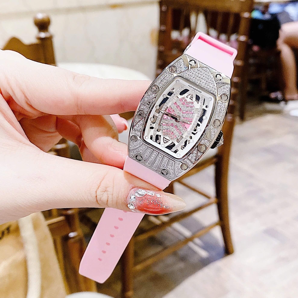 Set Đồng Hồ Nữ Hanboro Dây Cao Su Hồng Chính Hãng Đính Đá Silver Size 31x44mm Quartz