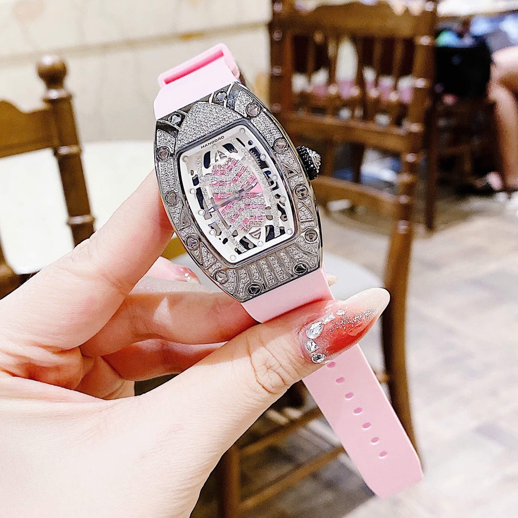 Set Đồng Hồ Nữ Hanboro Dây Cao Su Hồng Chính Hãng Đính Đá Silver Size 31x44mm Quartz