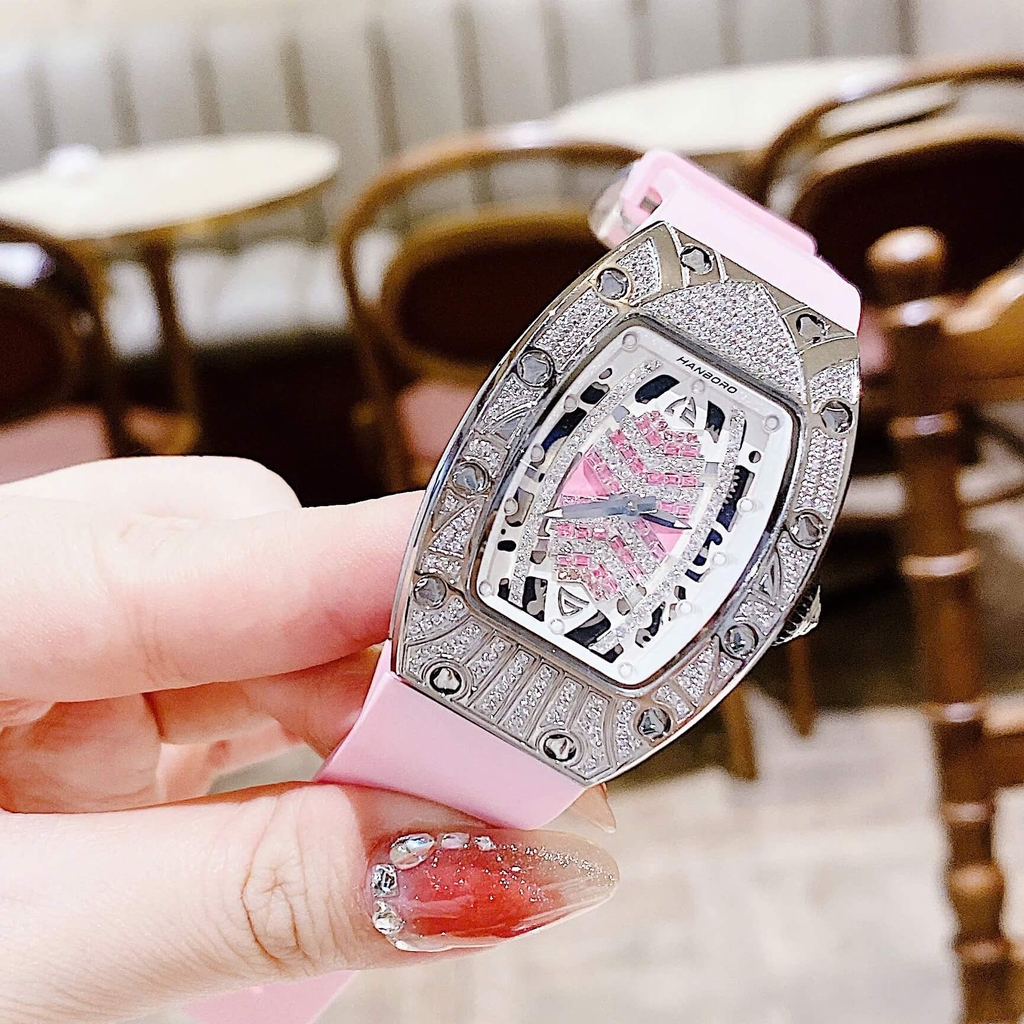 Set Đồng Hồ Nữ Hanboro Dây Cao Su Hồng Chính Hãng Đính Đá Silver Size 31x44mm Quartz
