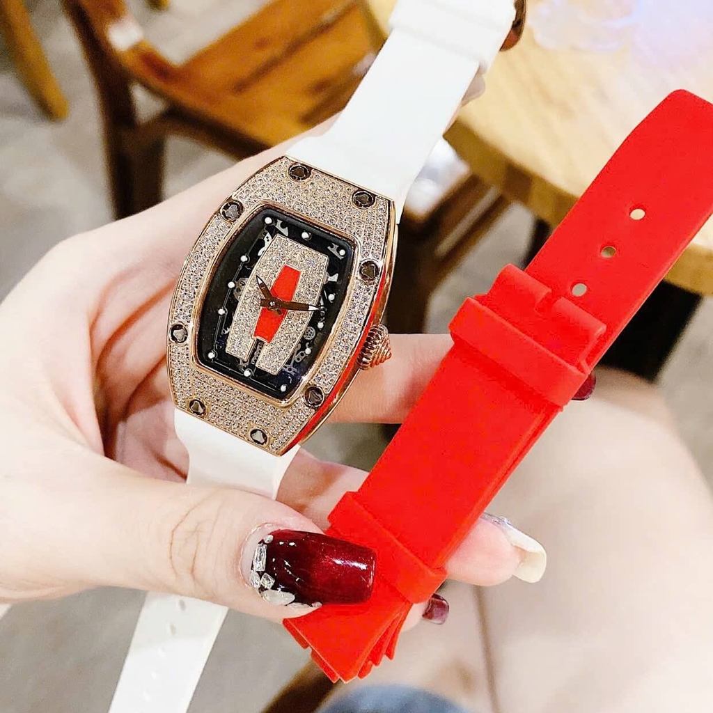 Set Đồng Hồ Nữ Hanboro Dây Cao Su Trắng Chính Hãng Đính Đá Rose Gold Size 31x44mm Quartz Tặng Kèm Bộ Dây Cao Su Đỏ