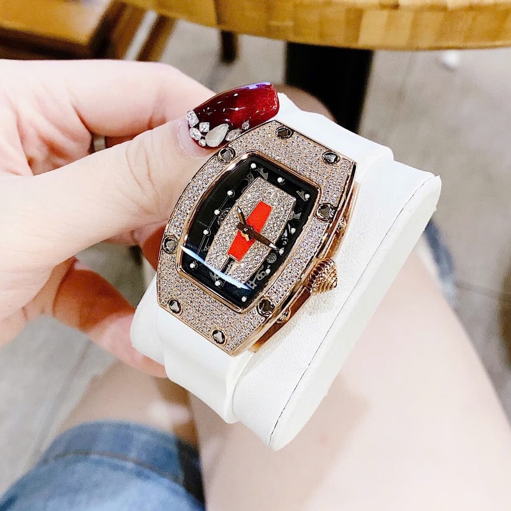 Set Đồng Hồ Nữ Hanboro Dây Cao Su Trắng Chính Hãng Đính Đá Rose Gold Size 31x44mm Quartz Tặng Kèm Bộ Dây Cao Su Đỏ