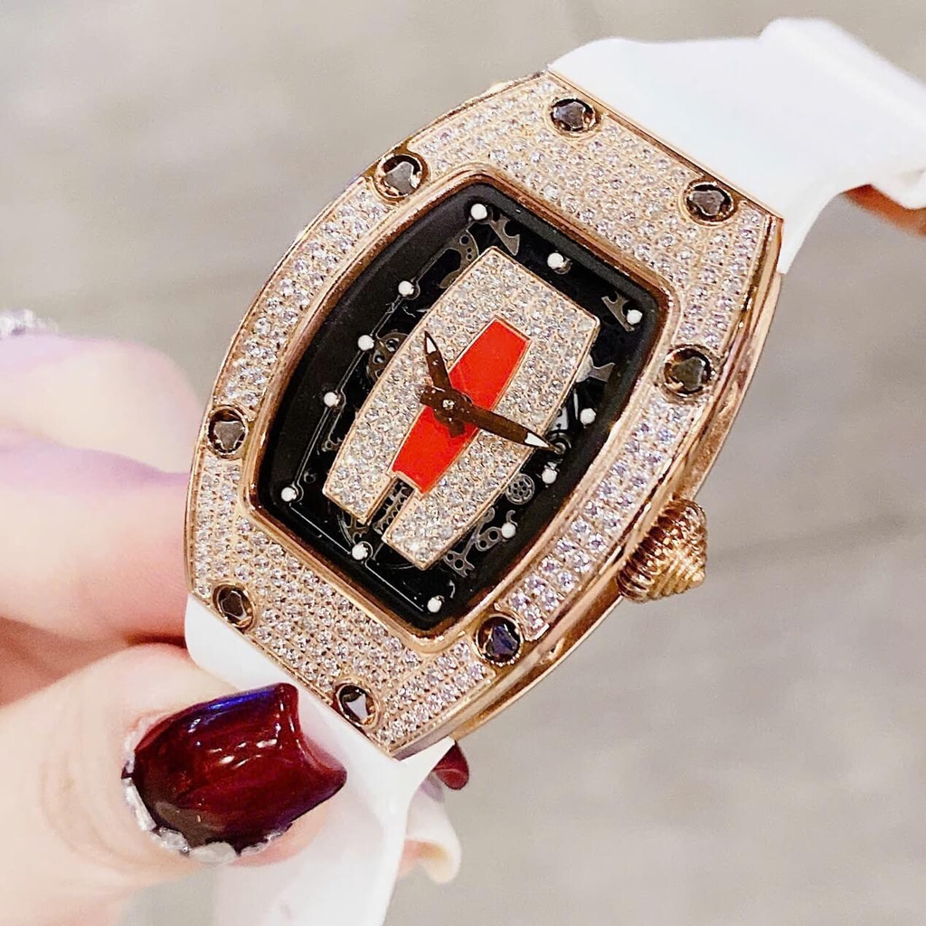 Set Đồng Hồ Nữ Hanboro Dây Cao Su Trắng Chính Hãng Đính Đá Rose Gold Size 31x44mm Quartz Tặng Kèm Bộ Dây Cao Su Đỏ