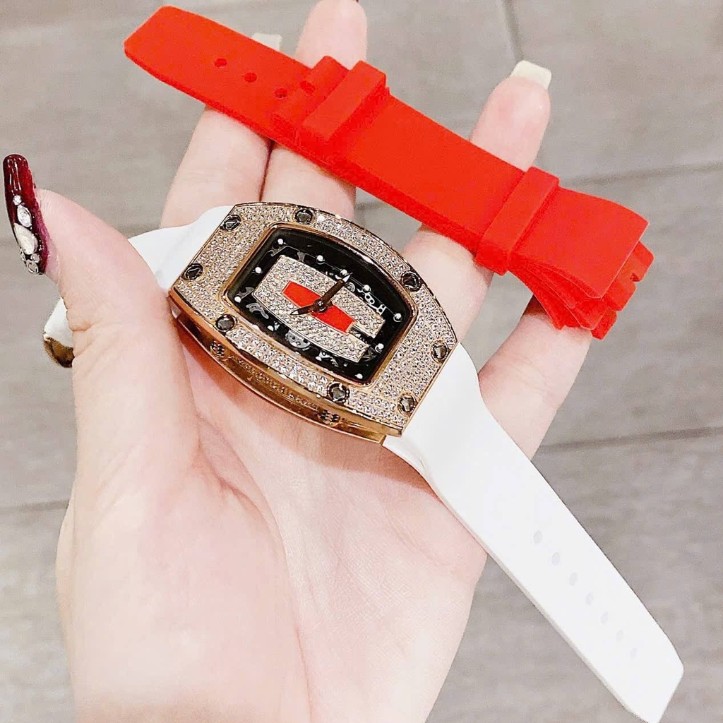 Set Đồng Hồ Nữ Hanboro Dây Cao Su Trắng Chính Hãng Đính Đá Rose Gold Size 31x44mm Quartz Tặng Kèm Bộ Dây Cao Su Đỏ