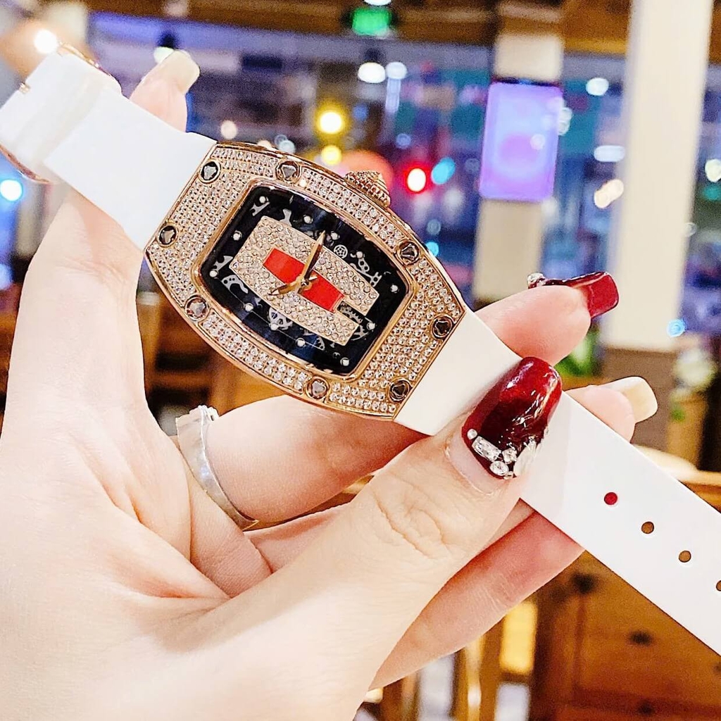 Set Đồng Hồ Nữ Hanboro Dây Cao Su Trắng Chính Hãng Đính Đá Rose Gold Size 31x44mm Quartz Tặng Kèm Bộ Dây Cao Su Đỏ