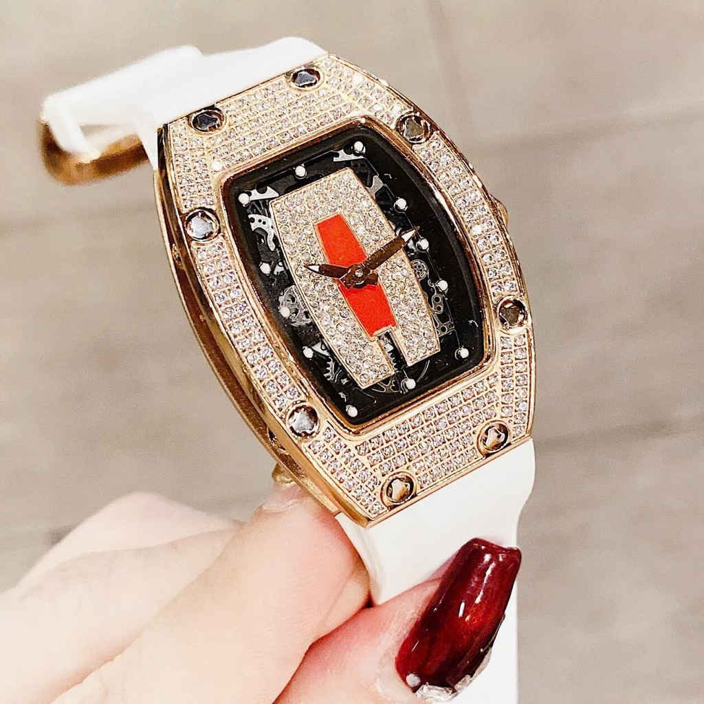 Set Đồng Hồ Nữ Hanboro Dây Cao Su Trắng Chính Hãng Đính Đá Rose Gold Size 31x44mm Quartz Tặng Kèm Bộ Dây Cao Su Đỏ