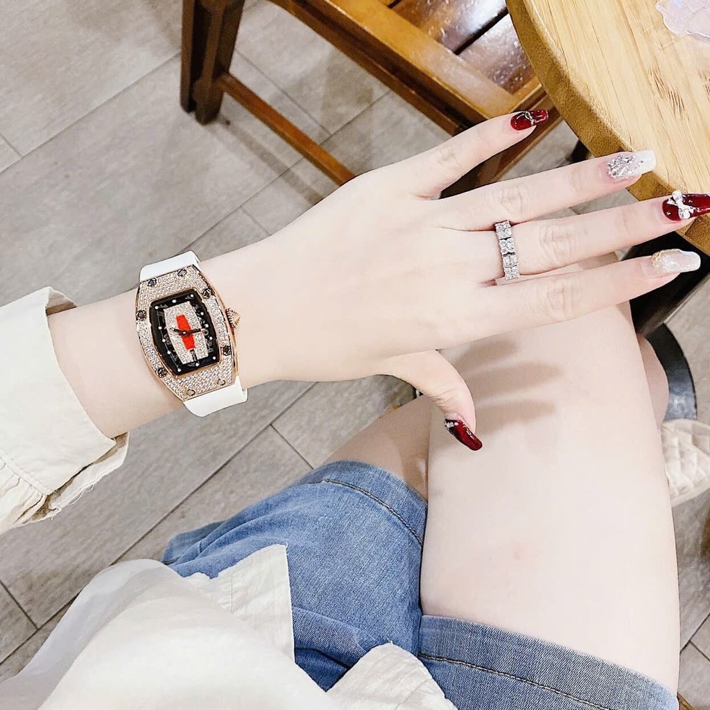 Set Đồng Hồ Nữ Hanboro Dây Cao Su Trắng Chính Hãng Đính Đá Rose Gold Size 31x44mm Quartz Tặng Kèm Bộ Dây Cao Su Đỏ