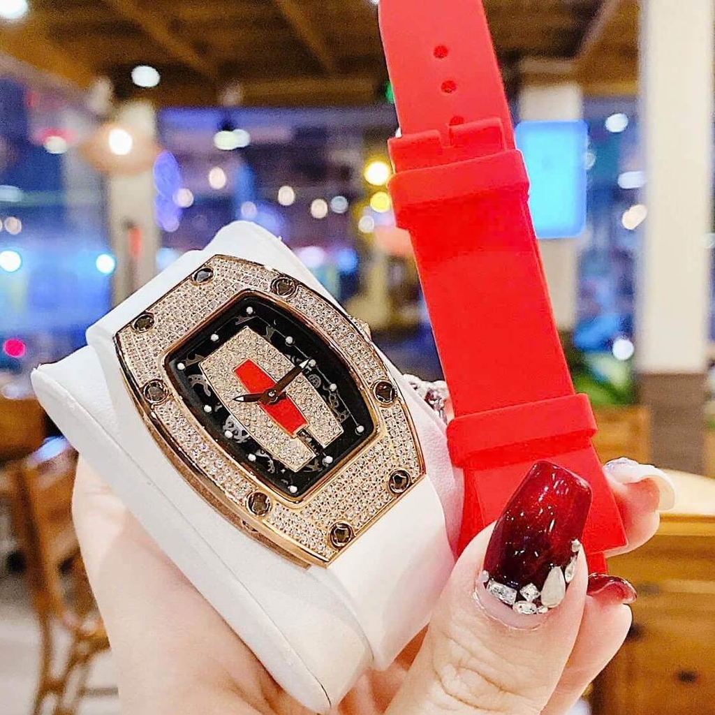 Set Đồng Hồ Nữ Hanboro Dây Cao Su Trắng Chính Hãng Đính Đá Rose Gold Size 31x44mm Quartz Tặng Kèm Bộ Dây Cao Su Đỏ