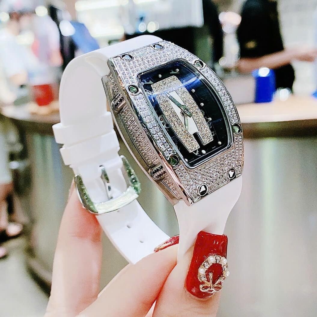 Set Đồng Hồ Nữ Hanboro Dây Cao Su Trắng Chính Hãng Đính Đá Silver Size 31x44mm Quartz
