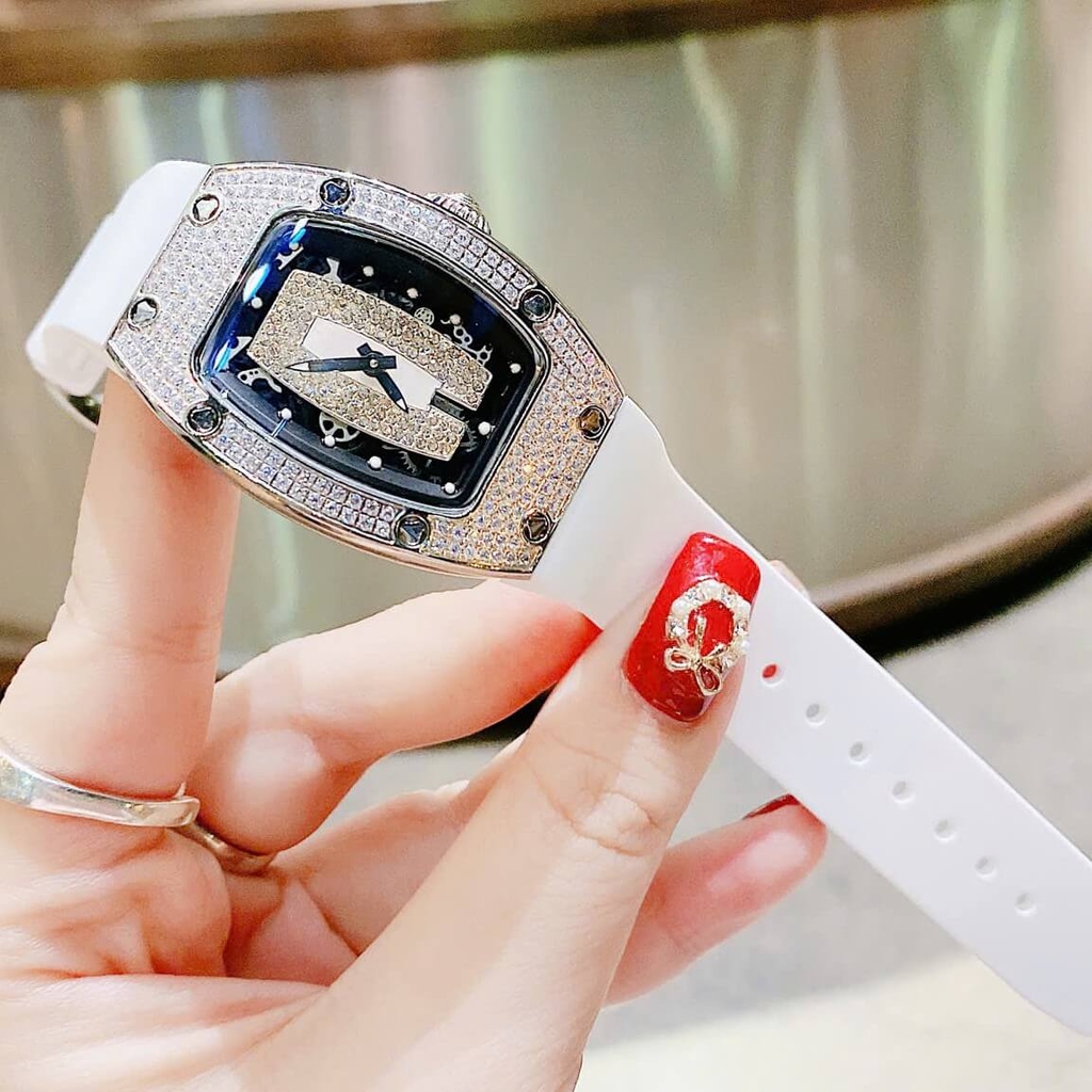 Set Đồng Hồ Nữ Hanboro Dây Cao Su Trắng Chính Hãng Đính Đá Silver Size 31x44mm Quartz