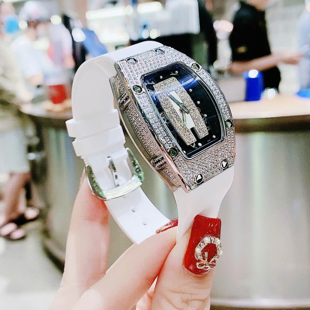 Set Đồng Hồ Nữ Hanboro Dây Cao Su Trắng Chính Hãng Đính Đá Silver Size 31x44mm Quartz