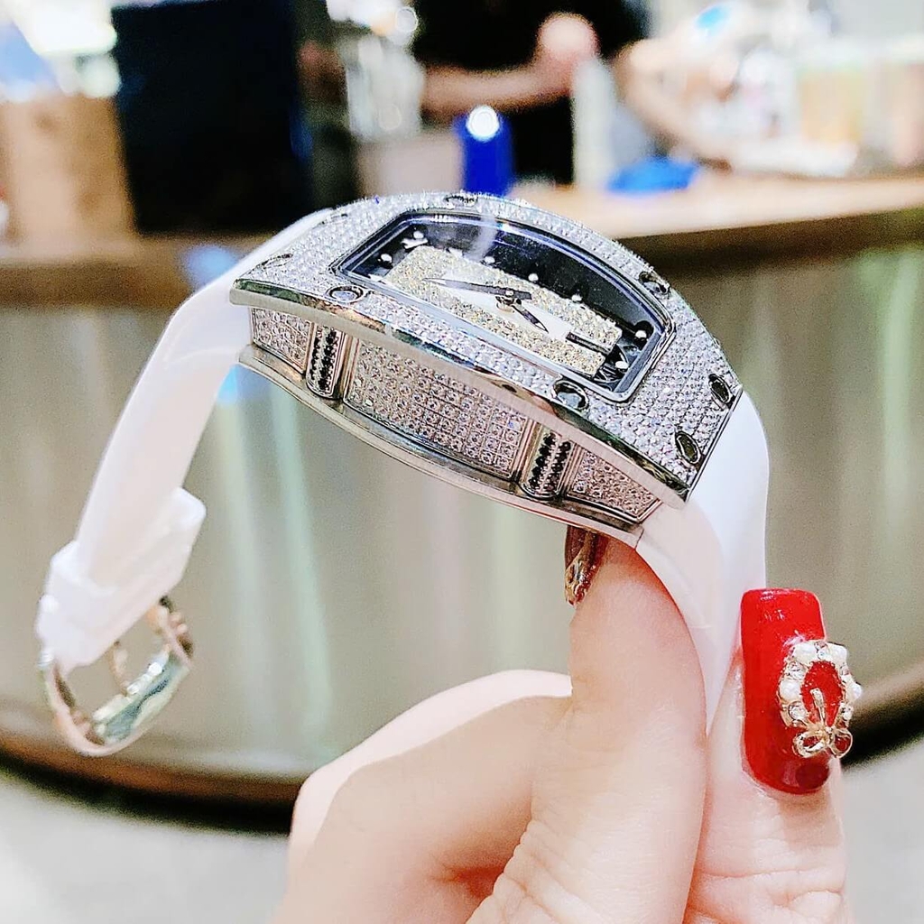Set Đồng Hồ Nữ Hanboro Dây Cao Su Trắng Chính Hãng Đính Đá Silver Size 31x44mm Quartz