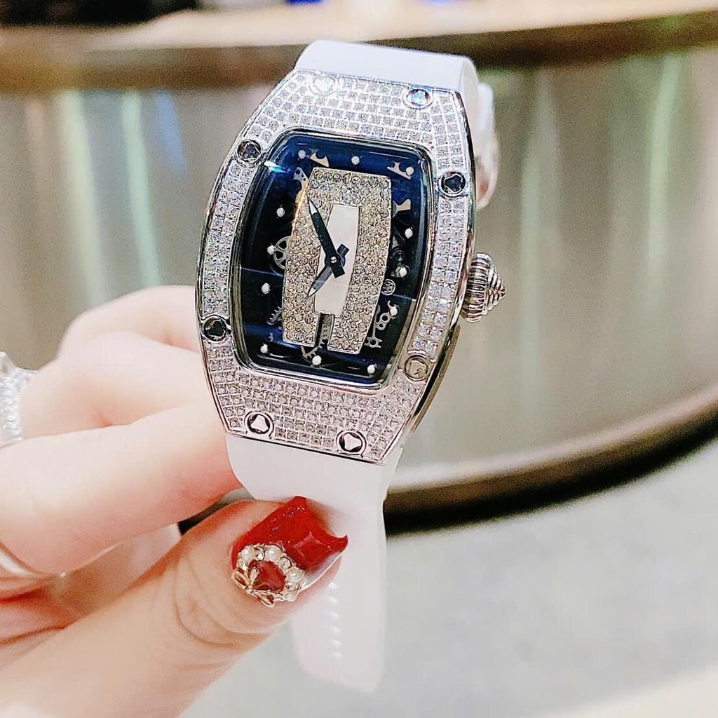 Set Đồng Hồ Nữ Hanboro Dây Cao Su Trắng Chính Hãng Đính Đá Silver Size 31x44mm Quartz