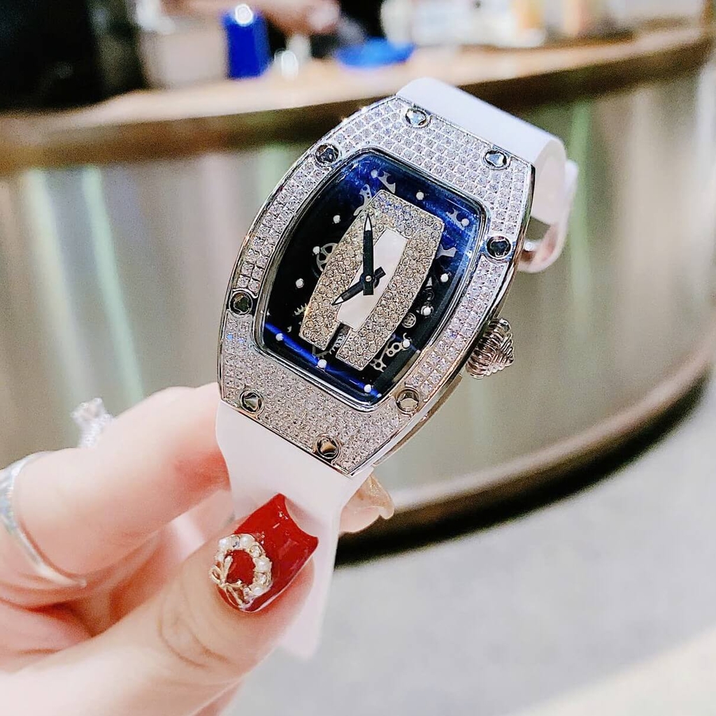 Set Đồng Hồ Nữ Hanboro Dây Cao Su Trắng Chính Hãng Đính Đá Silver Size 31x44mm Quartz