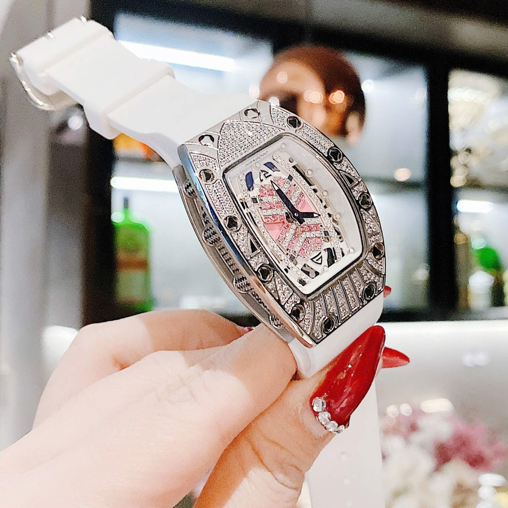 Set Đồng Hồ Nữ Hanboro Dây Cao Su Trắng Chính Hãng Đính Đá Silver Size 31x44mm Quartz Tặng Kèm Lắc Tay