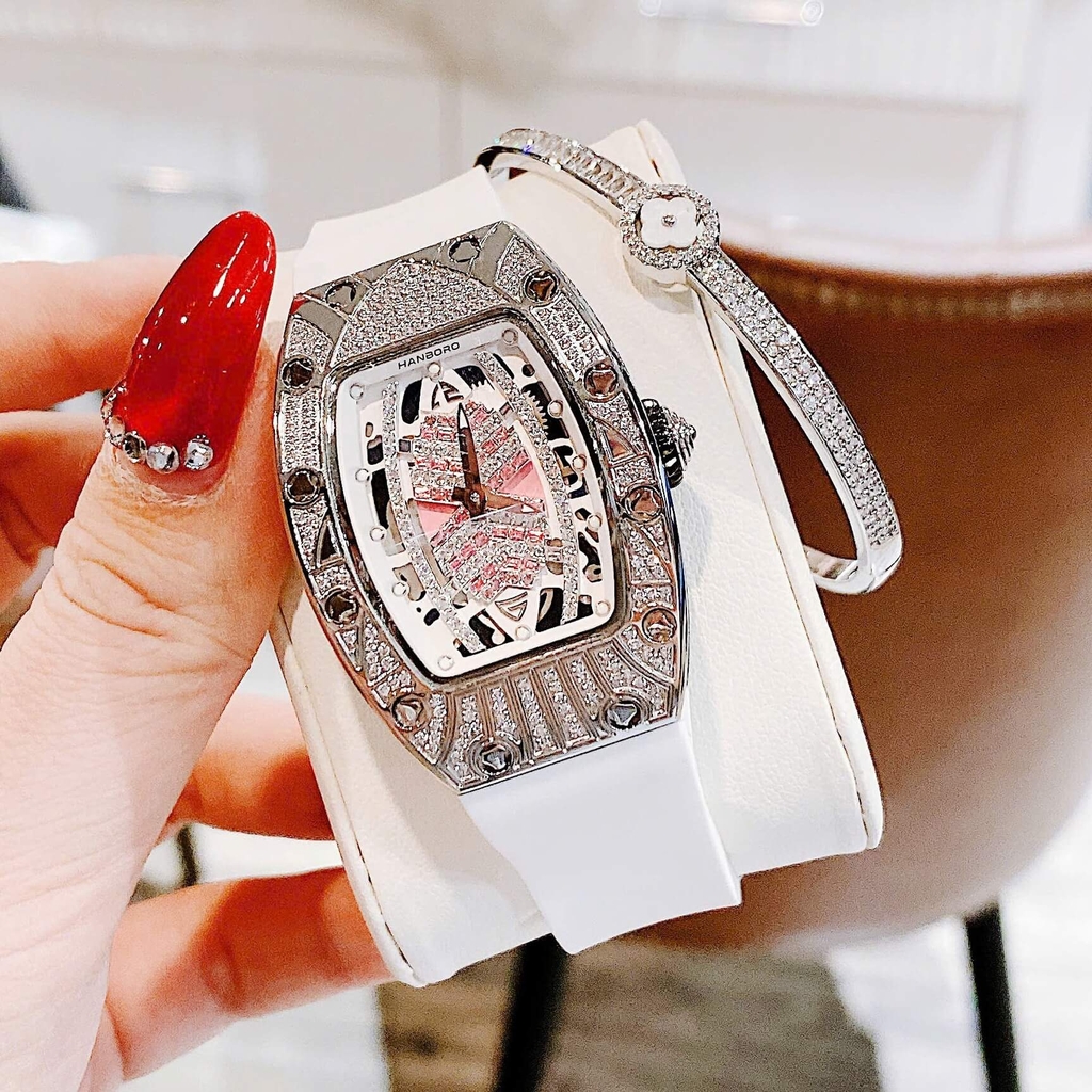Set Đồng Hồ Nữ Hanboro Dây Cao Su Trắng Chính Hãng Đính Đá Silver Size 31x44mm Quartz Tặng Kèm Lắc Tay