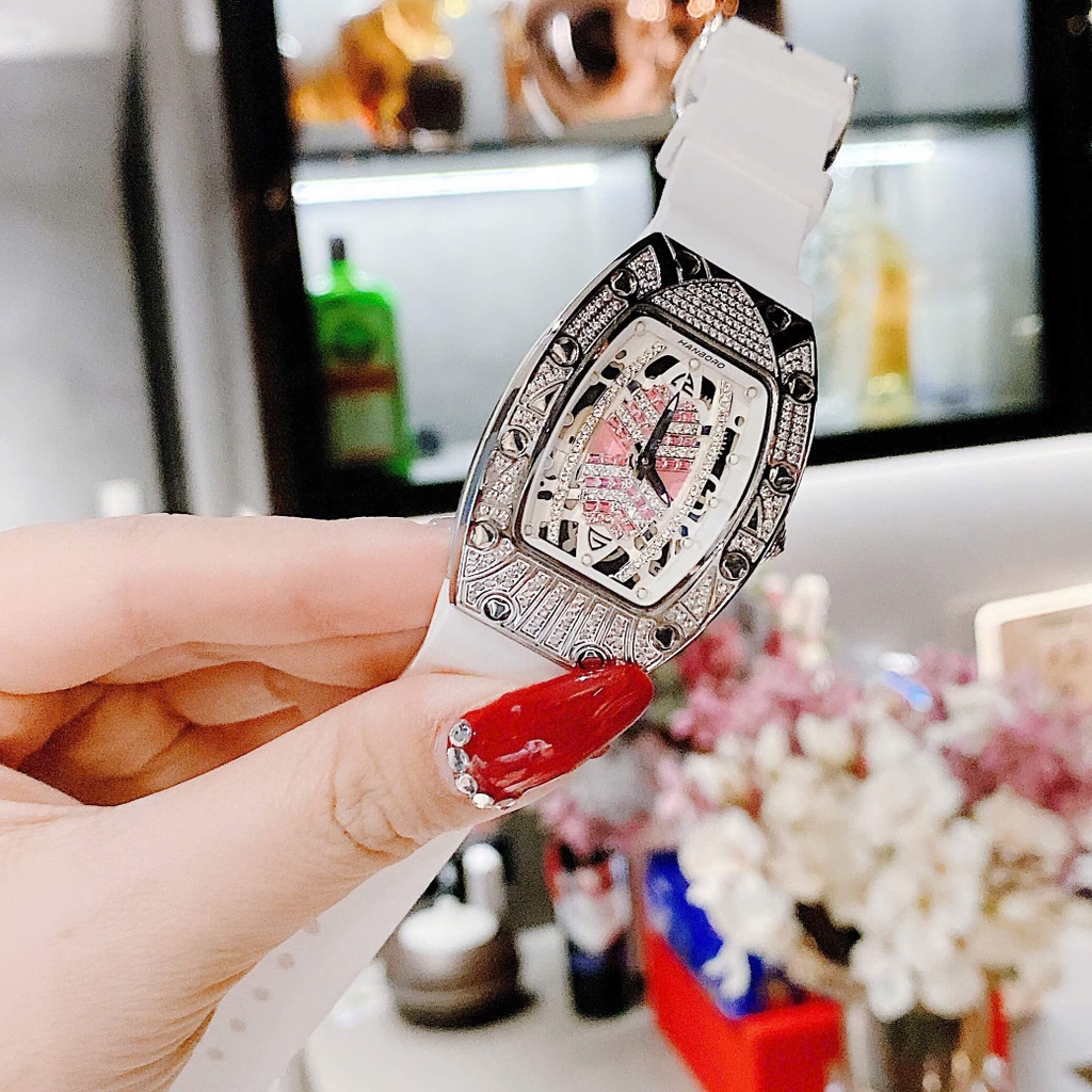 Set Đồng Hồ Nữ Hanboro Dây Cao Su Trắng Chính Hãng Đính Đá Silver Size 31x44mm Quartz Tặng Kèm Lắc Tay