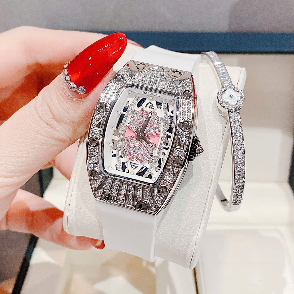 Set Đồng Hồ Nữ Hanboro Dây Cao Su Trắng Chính Hãng Đính Đá Silver Size 31x44mm Quartz Tặng Kèm Lắc Tay