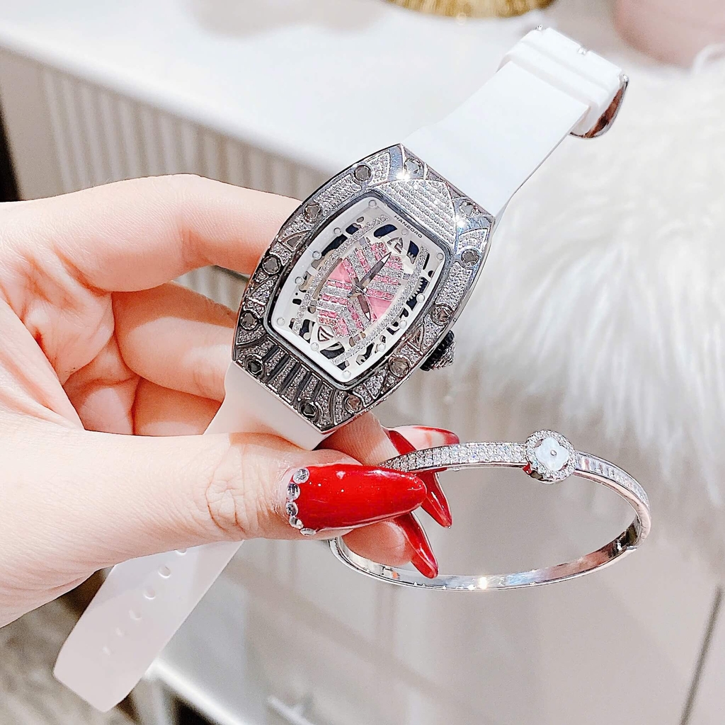 Set Đồng Hồ Nữ Hanboro Dây Cao Su Trắng Chính Hãng Đính Đá Silver Size 31x44mm Quartz Tặng Kèm Lắc Tay