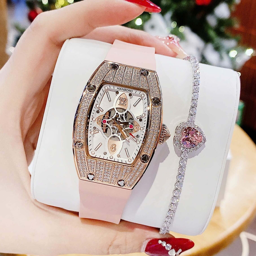 Set Đồng Hồ Nữ Hanboro Đính Đá Dây Cao Su Hồng Chính Hãng Vỏ Rose Gold Size 31x44mm Quartz Tặng Kèm Lắc Tay