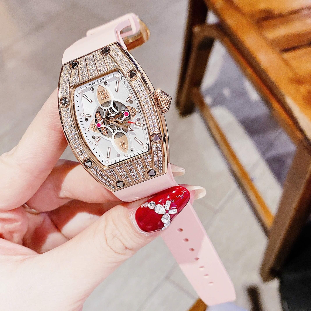 Set Đồng Hồ Nữ Hanboro Đính Đá Dây Cao Su Hồng Chính Hãng Vỏ Rose Gold Size 31x44mm Quartz Tặng Kèm Lắc Tay