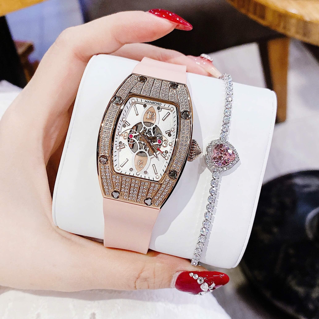 Set Đồng Hồ Nữ Hanboro Đính Đá Dây Cao Su Hồng Chính Hãng Vỏ Rose Gold Size 31x44mm Quartz Tặng Kèm Lắc Tay