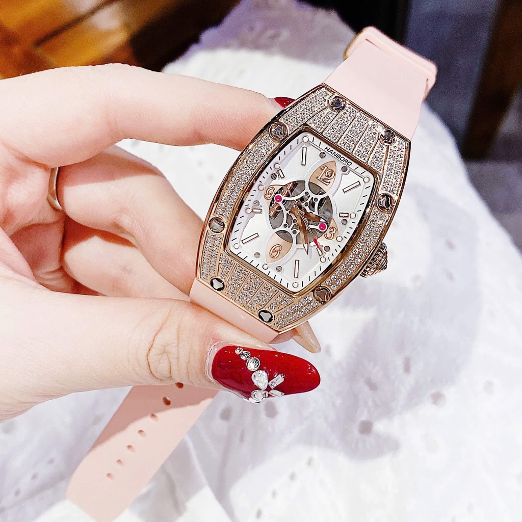 Set Đồng Hồ Nữ Hanboro Đính Đá Dây Cao Su Hồng Chính Hãng Vỏ Rose Gold Size 31x44mm Quartz Tặng Kèm Lắc Tay