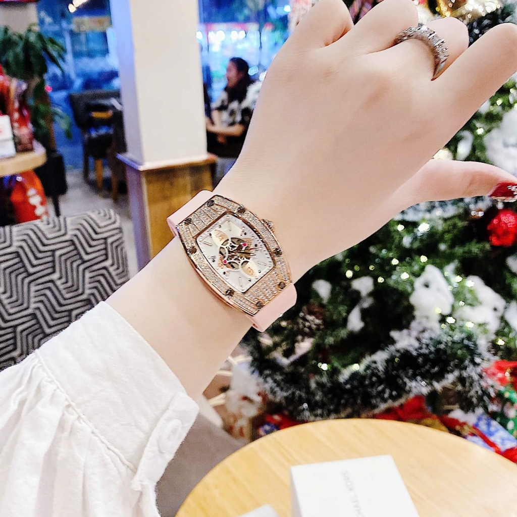 Set Đồng Hồ Nữ Hanboro Đính Đá Dây Cao Su Hồng Chính Hãng Vỏ Rose Gold Size 31x44mm Quartz Tặng Kèm Lắc Tay
