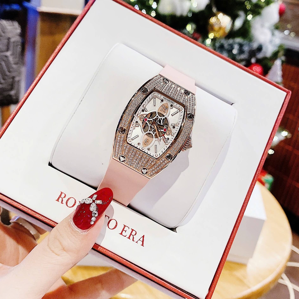 Set Đồng Hồ Nữ Hanboro Đính Đá Dây Cao Su Hồng Chính Hãng Vỏ Rose Gold Size 31x44mm Quartz Tặng Kèm Lắc Tay