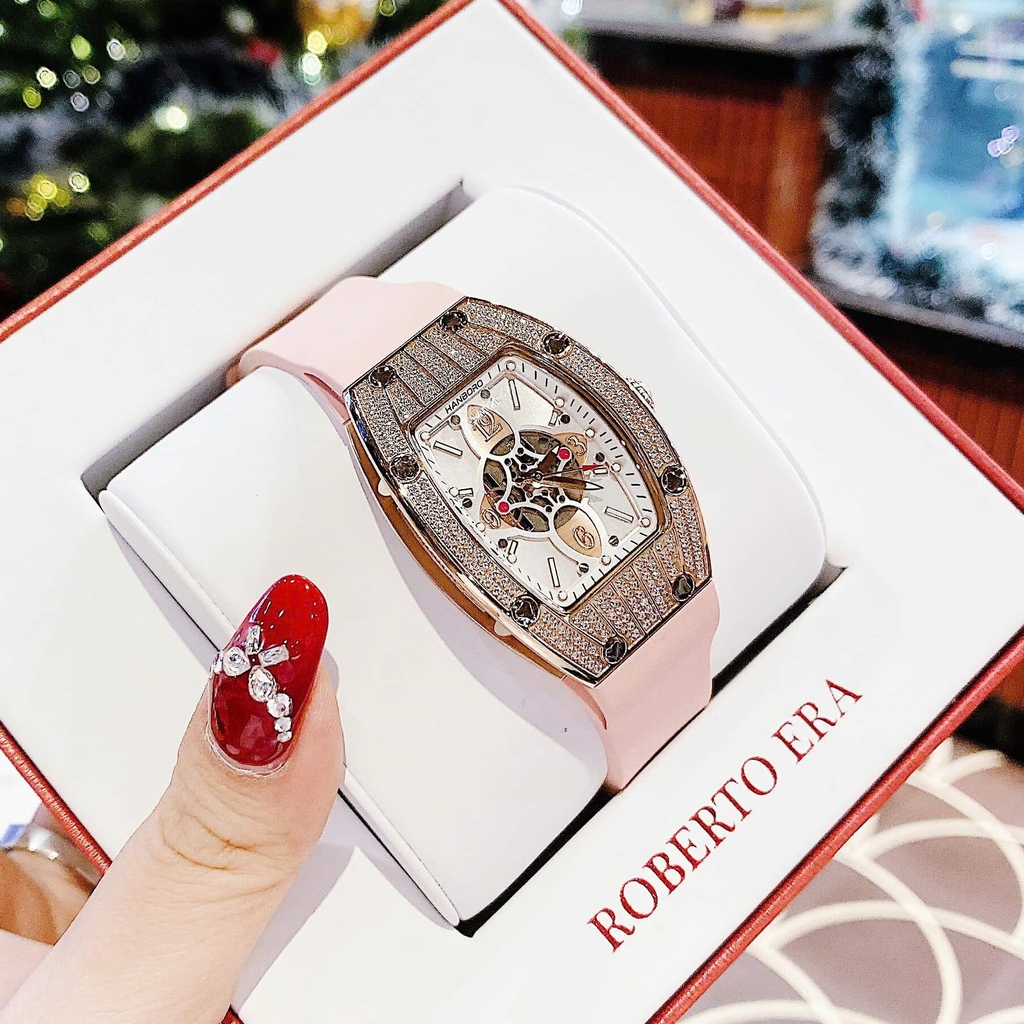 Set Đồng Hồ Nữ Hanboro Đính Đá Dây Cao Su Hồng Chính Hãng Vỏ Rose Gold Size 31x44mm Quartz Tặng Kèm Lắc Tay
