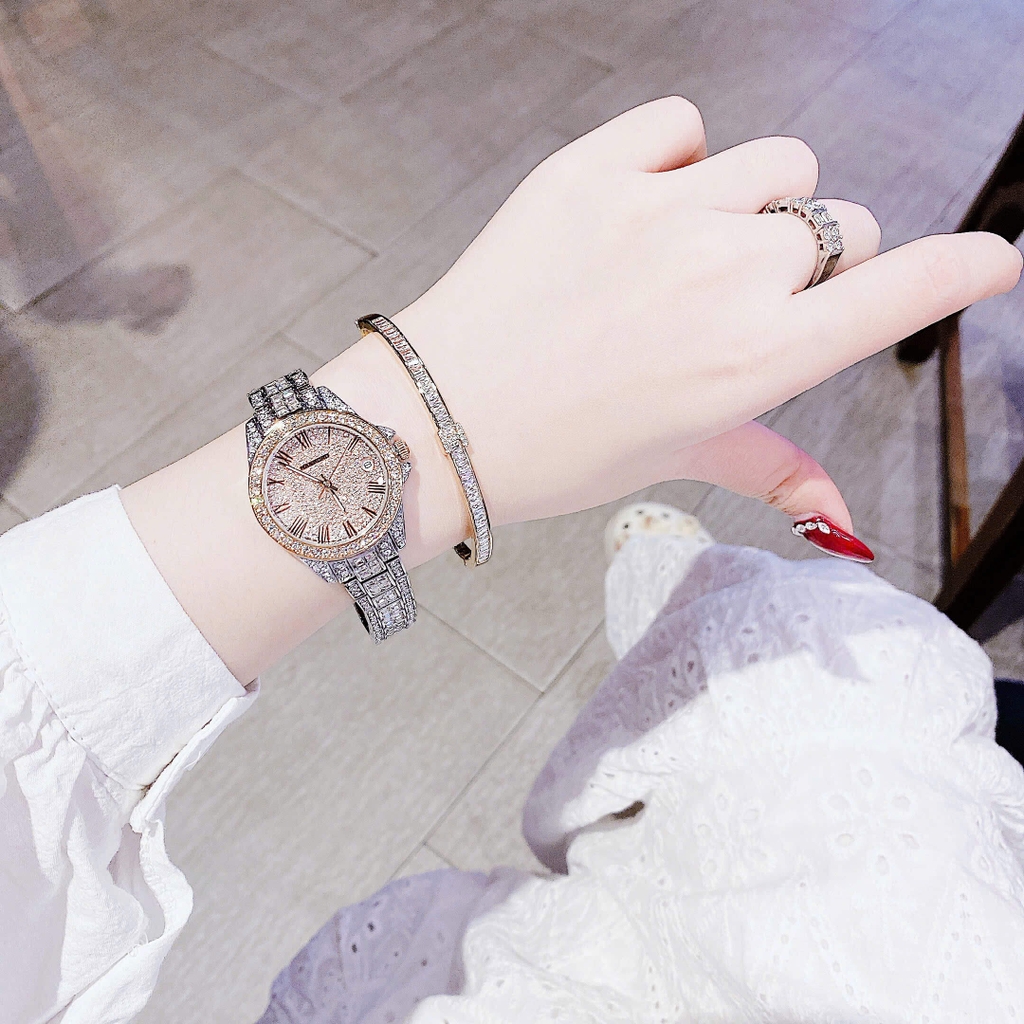 Set Đồng Hồ Nữ Hanboro Đính Đá Dây Thép Demi Rose Size 32mm Quartz HBR-386L