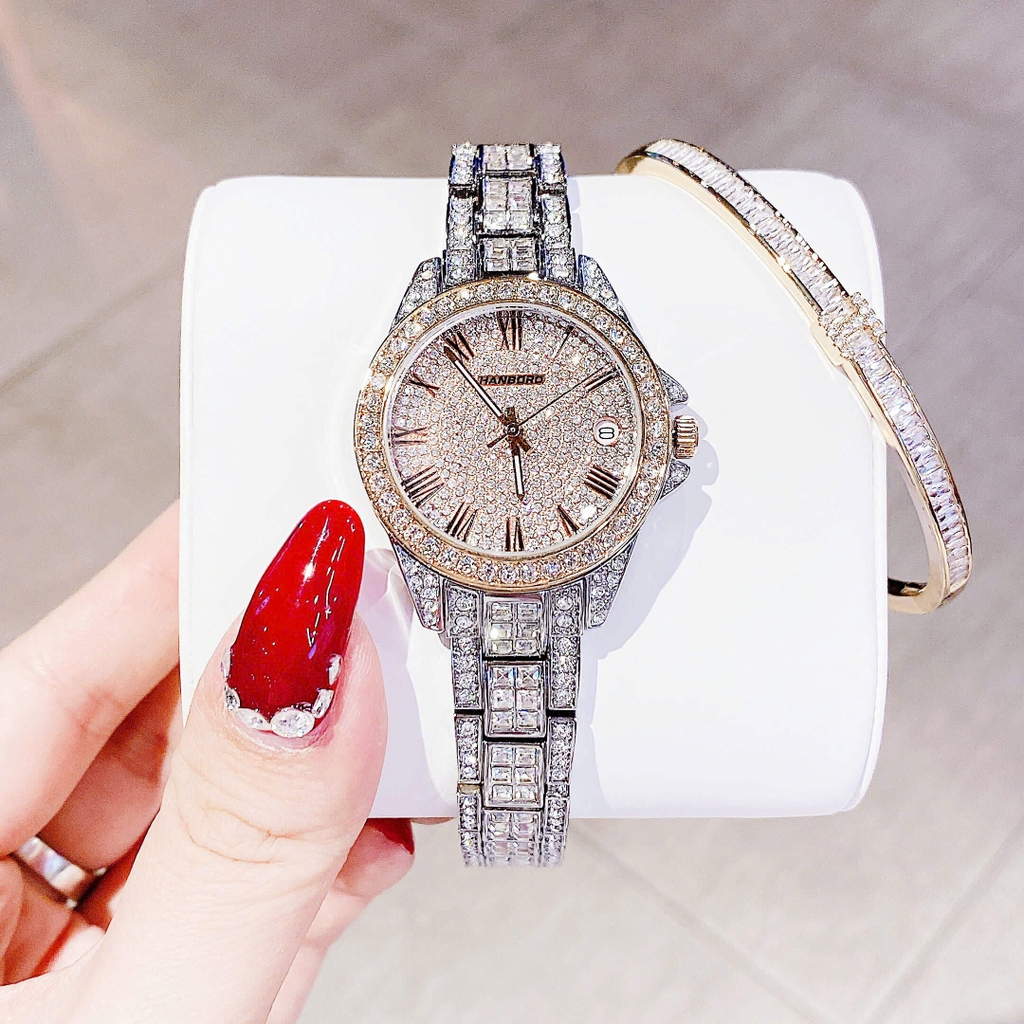 Set Đồng Hồ Nữ Hanboro Đính Đá Dây Thép Demi Rose Size 32mm Quartz HBR-386L