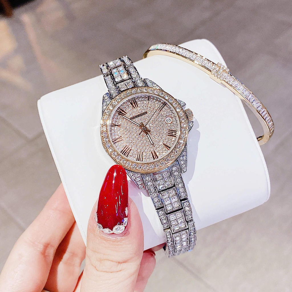 Set Đồng Hồ Nữ Hanboro Đính Đá Dây Thép Demi Rose Size 32mm Quartz HBR-386L