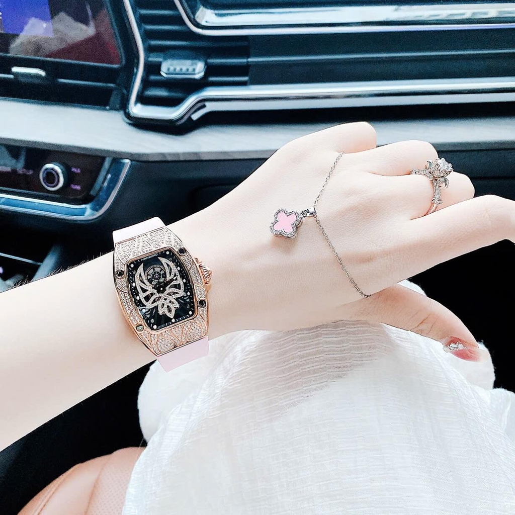 Set Đồng Hồ Nữ Hanboro Mặt Nhện Dây Cao Su Hồng Chính Hãng Đính Đá Rose Gold Size 31x44mm Quartz Tặng Kèm Lắc Tay