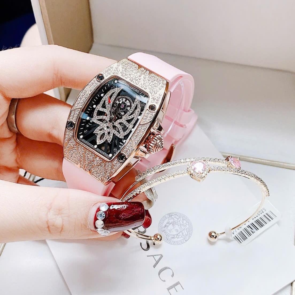 Set Đồng Hồ Nữ Hanboro Mặt Nhện Dây Cao Su Hồng Chính Hãng Đính Đá Rose Gold Size 31x44mm Quartz Tặng Kèm Lắc Tay