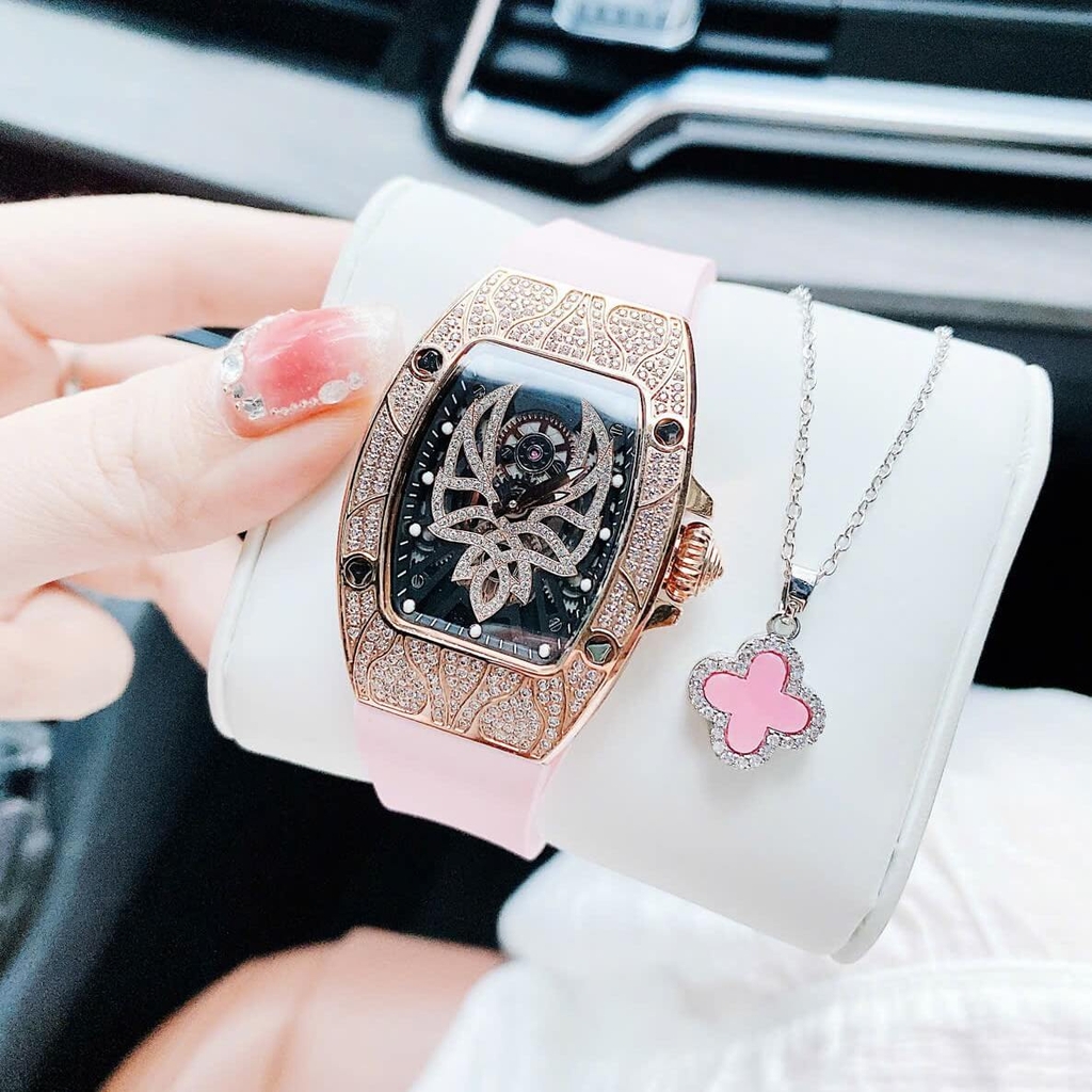 Set Đồng Hồ Nữ Hanboro Mặt Nhện Dây Cao Su Hồng Chính Hãng Đính Đá Rose Gold Size 31x44mm Quartz Tặng Kèm Lắc Tay