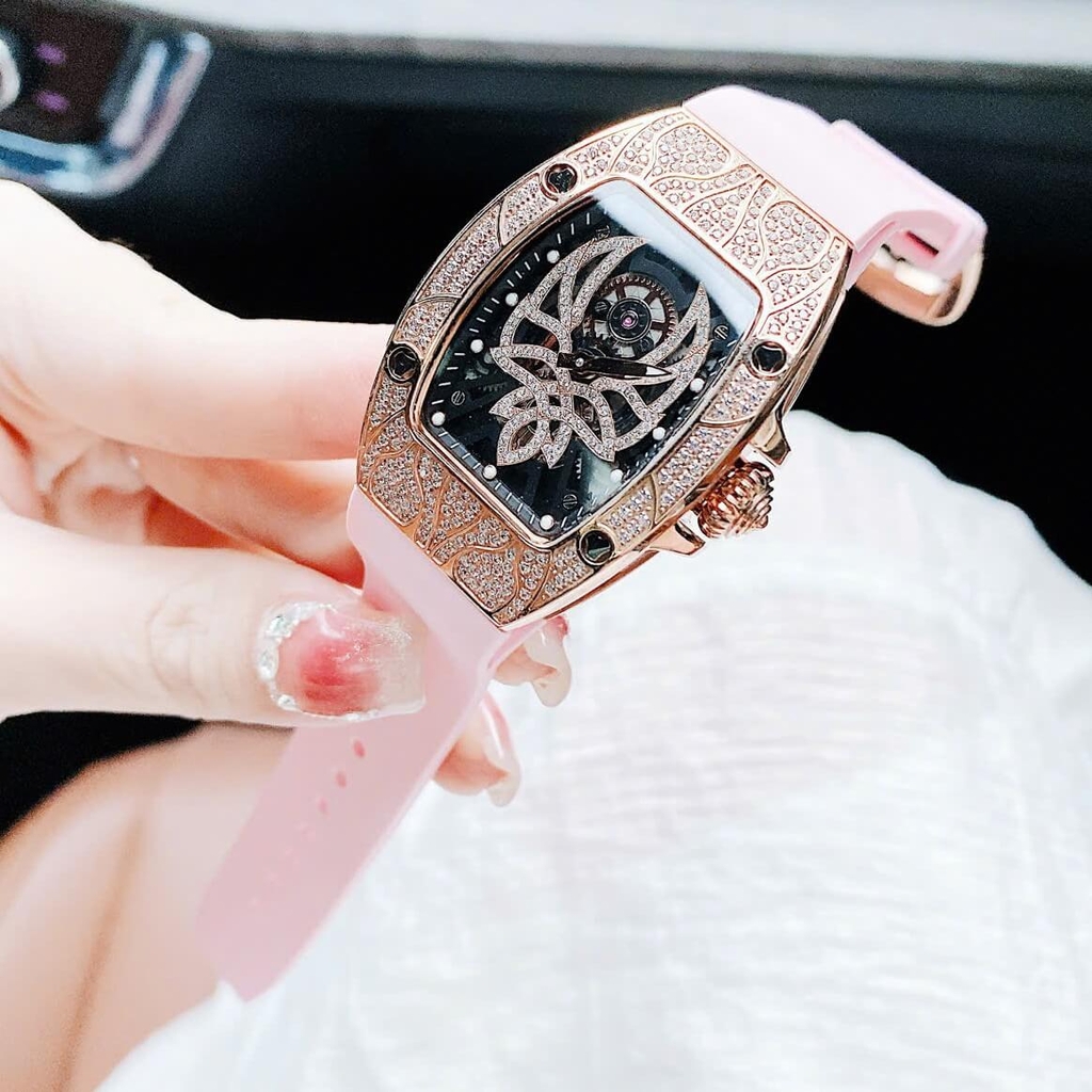 Set Đồng Hồ Nữ Hanboro Mặt Nhện Dây Cao Su Hồng Chính Hãng Đính Đá Rose Gold Size 31x44mm Quartz Tặng Kèm Lắc Tay