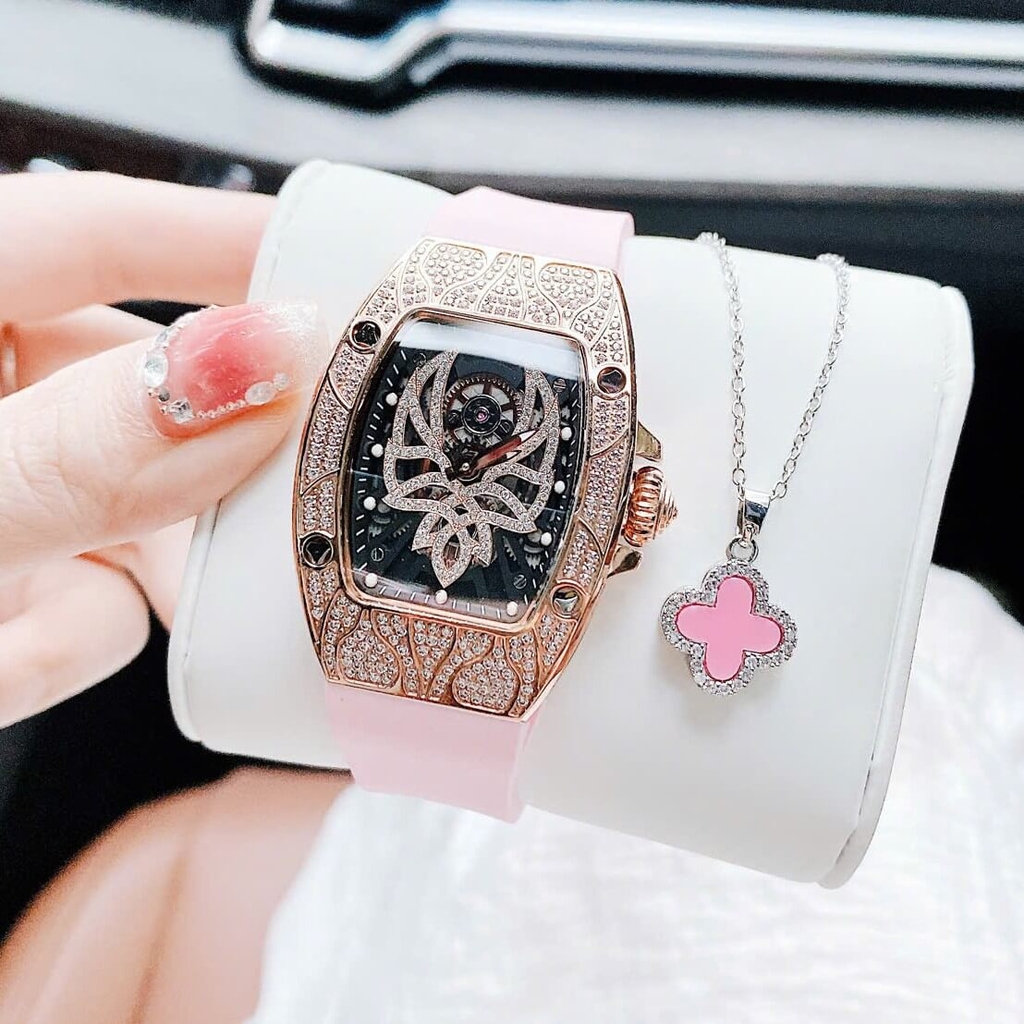 Set Đồng Hồ Nữ Hanboro Mặt Nhện Dây Cao Su Hồng Chính Hãng Đính Đá Rose Gold Size 31x44mm Quartz Tặng Kèm Lắc Tay