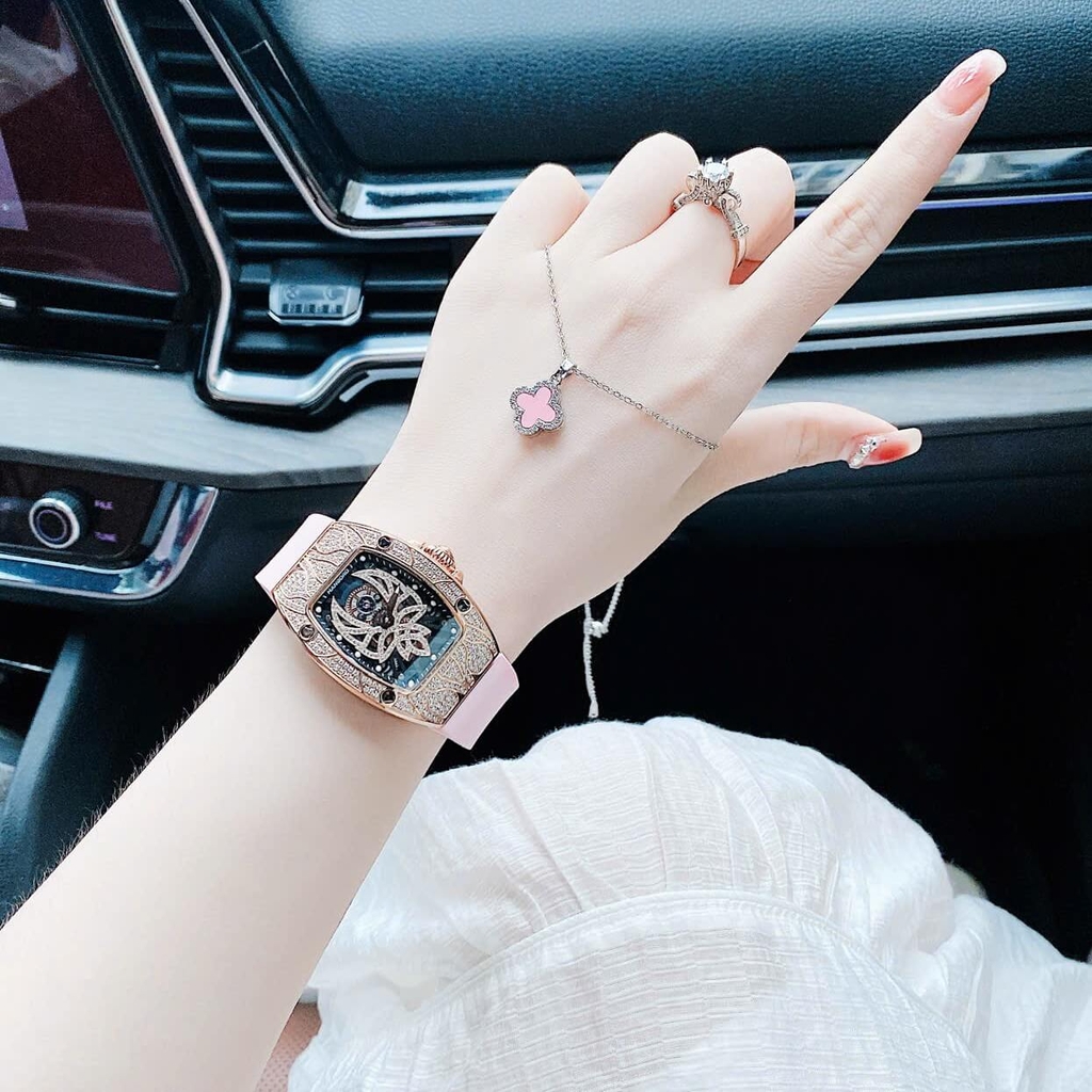 Set Đồng Hồ Nữ Hanboro Mặt Nhện Dây Cao Su Hồng Chính Hãng Đính Đá Rose Gold Size 31x44mm Quartz Tặng Kèm Lắc Tay