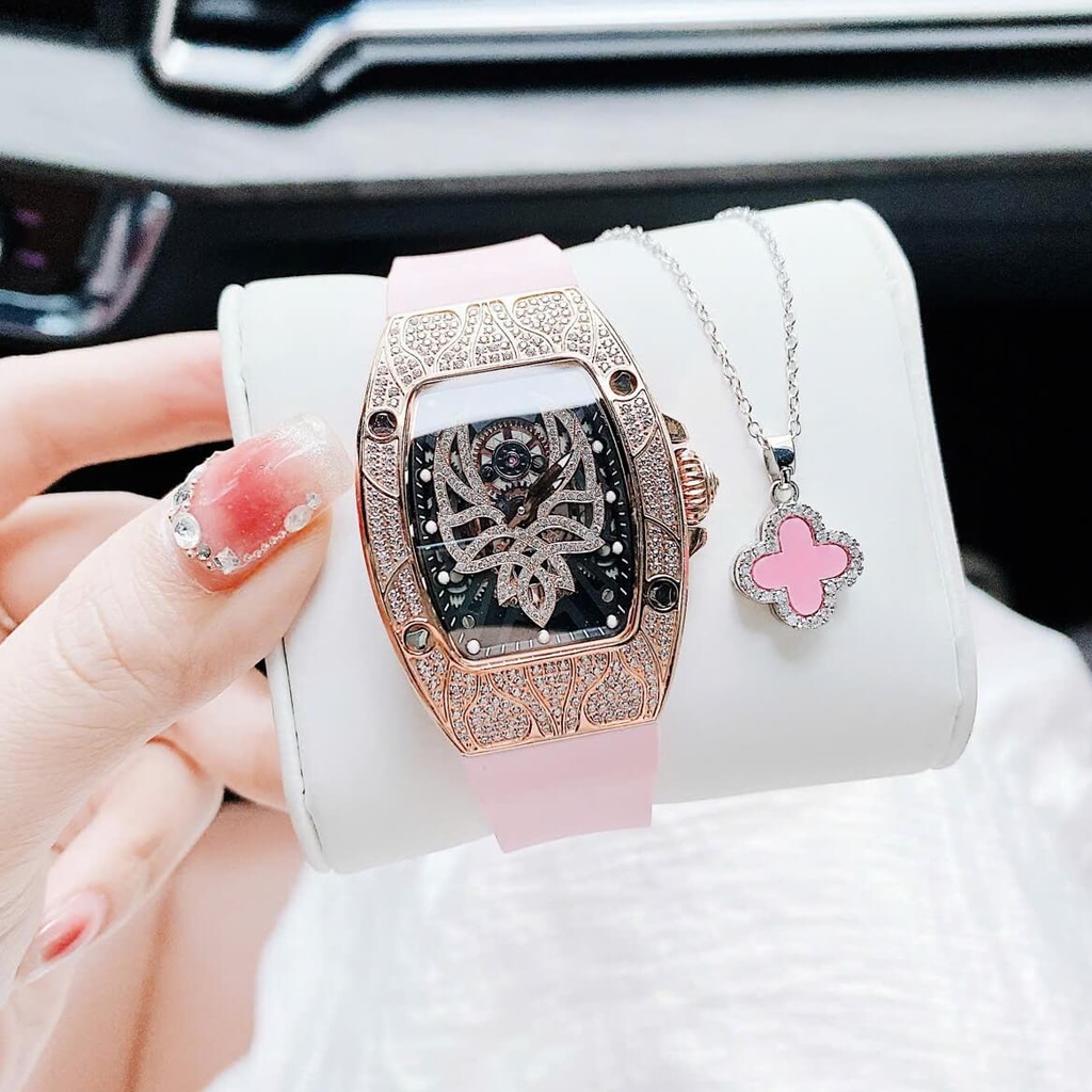 Set Đồng Hồ Nữ Hanboro Mặt Nhện Dây Cao Su Hồng Chính Hãng Đính Đá Rose Gold Size 31x44mm Quartz Tặng Kèm Lắc Tay