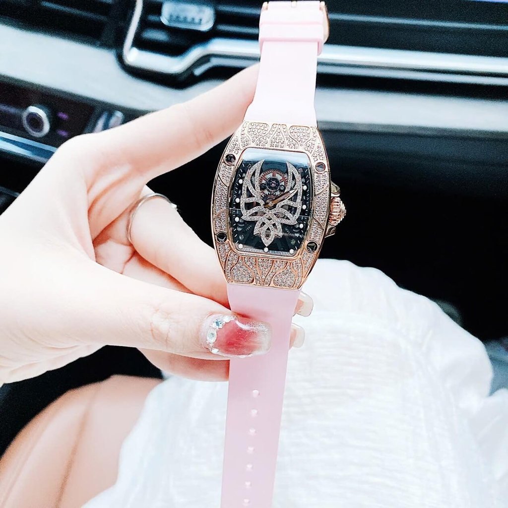 Set Đồng Hồ Nữ Hanboro Mặt Nhện Dây Cao Su Hồng Chính Hãng Đính Đá Rose Gold Size 31x44mm Quartz Tặng Kèm Lắc Tay