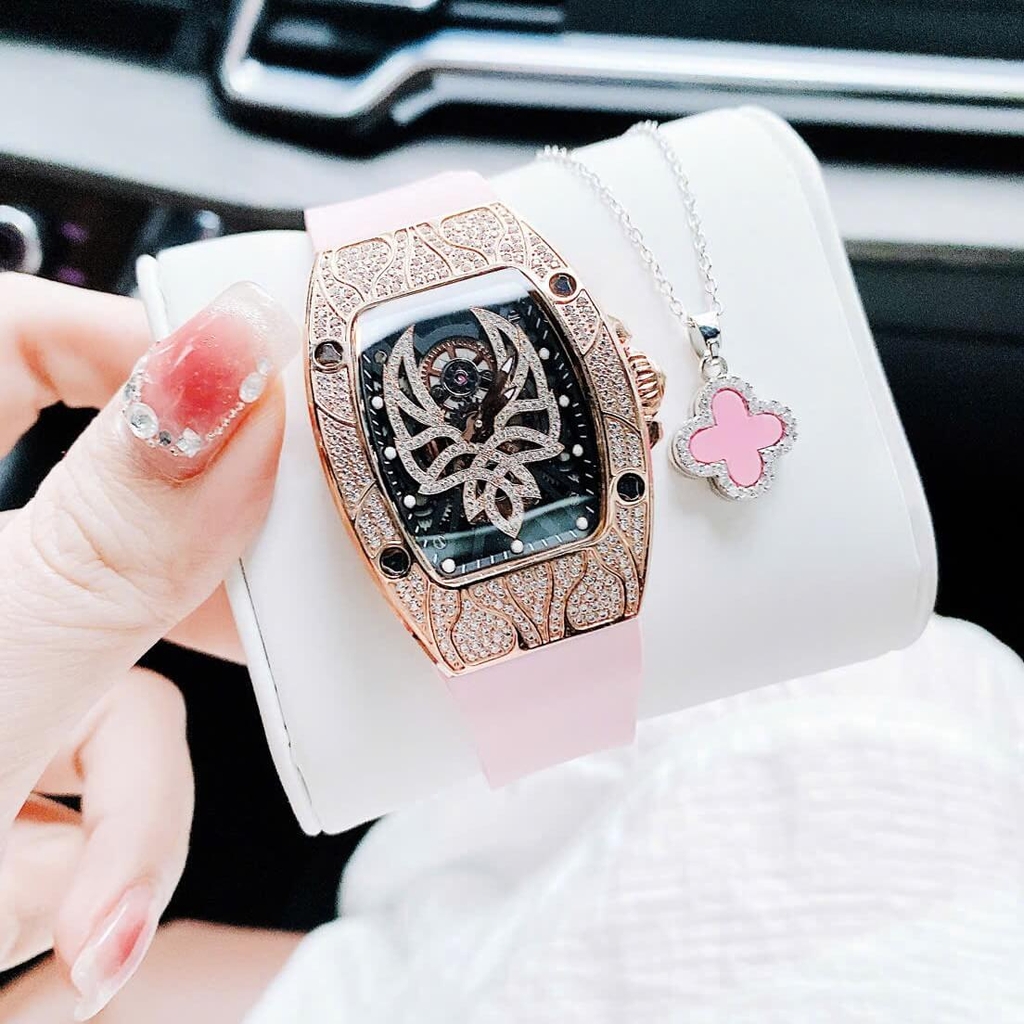 Set Đồng Hồ Nữ Hanboro Mặt Nhện Dây Cao Su Hồng Chính Hãng Đính Đá Rose Gold Size 31x44mm Quartz Tặng Kèm Lắc Tay