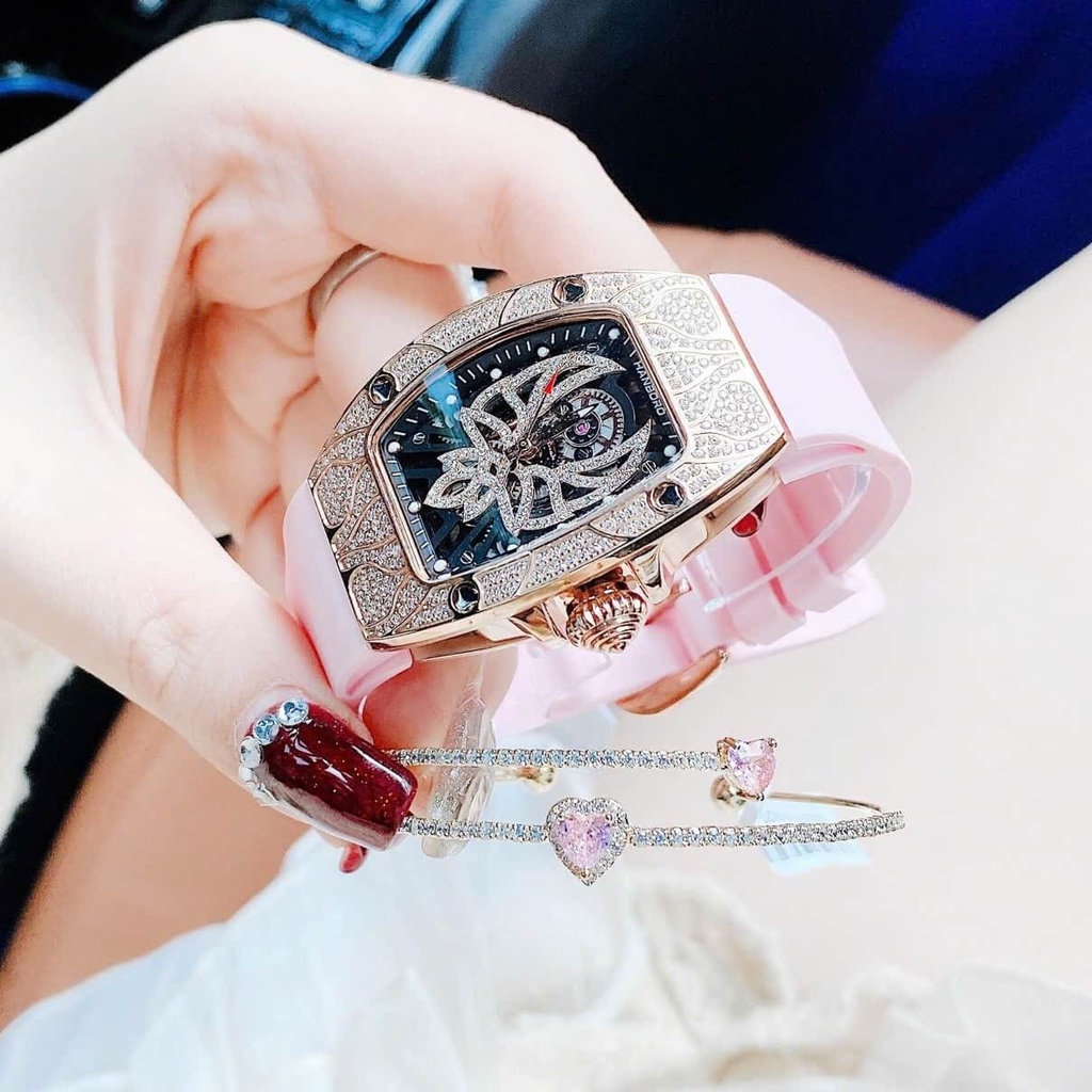 Set Đồng Hồ Nữ Hanboro Mặt Nhện Dây Cao Su Hồng Chính Hãng Đính Đá Rose Gold Size 31x44mm Quartz Tặng Kèm Lắc Tay