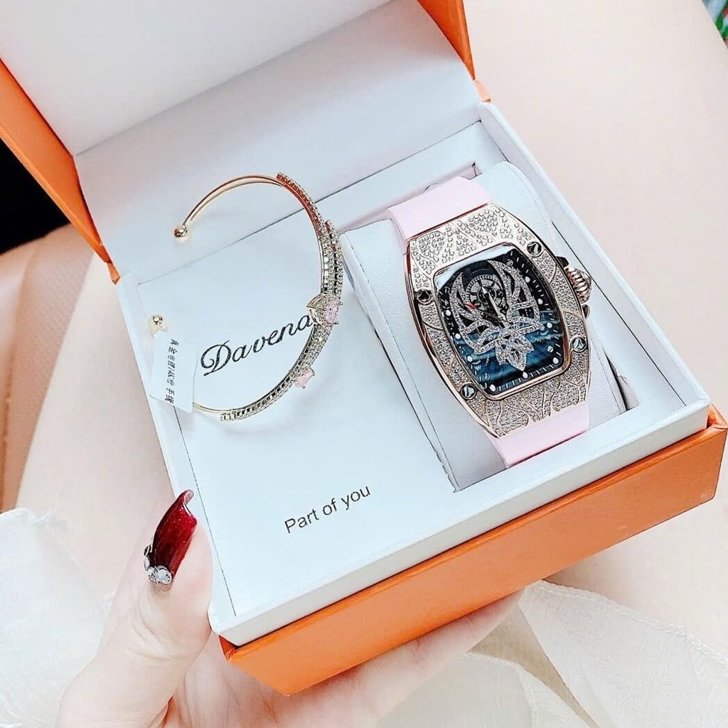 Set Đồng Hồ Nữ Hanboro Mặt Nhện Dây Cao Su Hồng Chính Hãng Đính Đá Rose Gold Size 31x44mm Quartz Tặng Kèm Lắc Tay