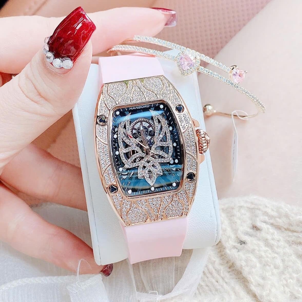 Set Đồng Hồ Nữ Hanboro Mặt Nhện Dây Cao Su Hồng Chính Hãng Đính Đá Rose Gold Size 31x44mm Quartz Tặng Kèm Lắc Tay