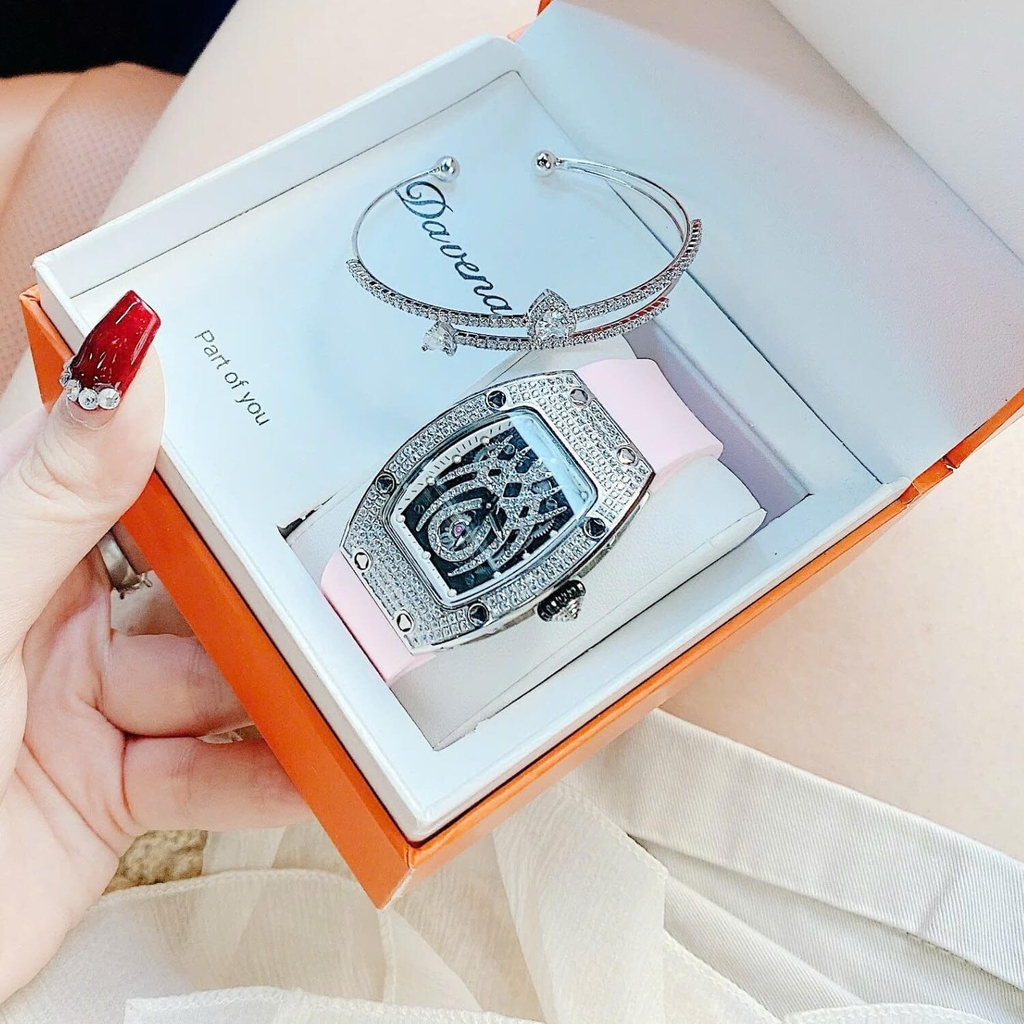 Set Đồng Hồ Nữ Hanboro Mặt Nhện Dây Cao Su Hồng Chính Hãng Đính Đá Silver Size 31x44mm Quartz Tặng Kèm Lắc Tay
