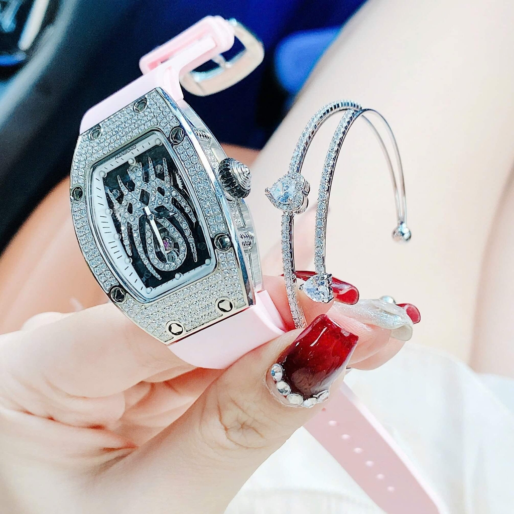 Set Đồng Hồ Nữ Hanboro Mặt Nhện Dây Cao Su Hồng Chính Hãng Đính Đá Silver Size 31x44mm Quartz Tặng Kèm Lắc Tay
