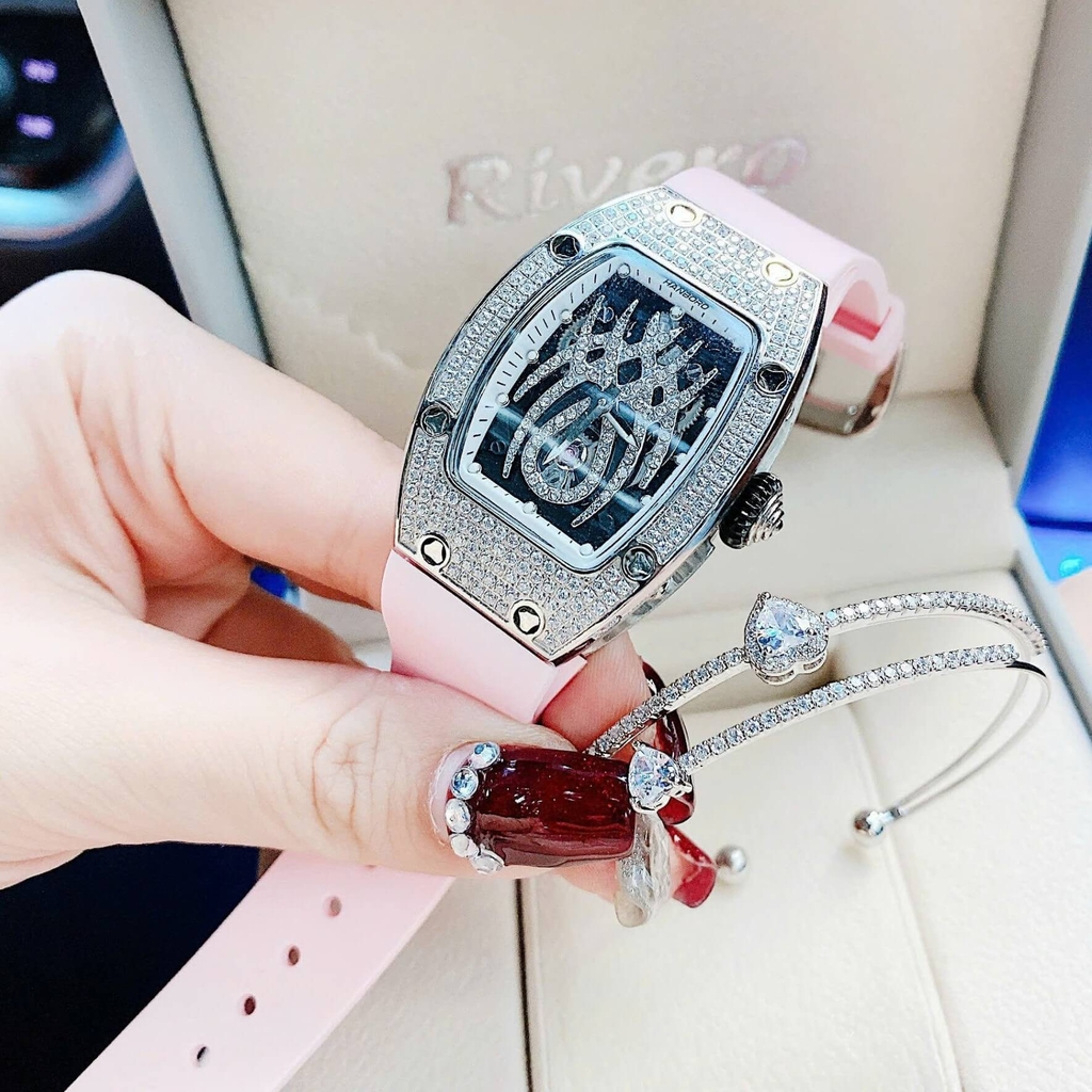 Set Đồng Hồ Nữ Hanboro Mặt Nhện Dây Cao Su Hồng Chính Hãng Đính Đá Silver Size 31x44mm Quartz Tặng Kèm Lắc Tay