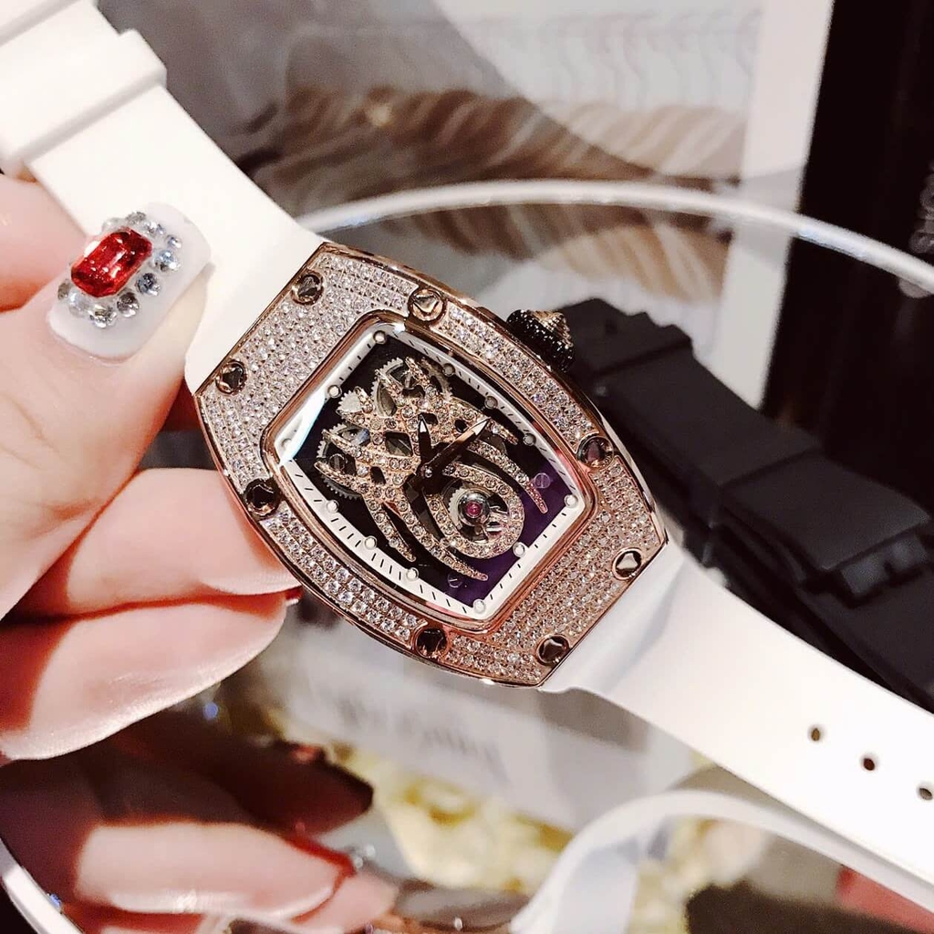 Set Đồng Hồ Nữ Hanboro Mặt Nhện Dây Cao Su Trắng Chính Hãng Đính Đá Rose Gold Size 31x44mm Quartz Tặng Kèm Bộ Dây Cao Su Đen
