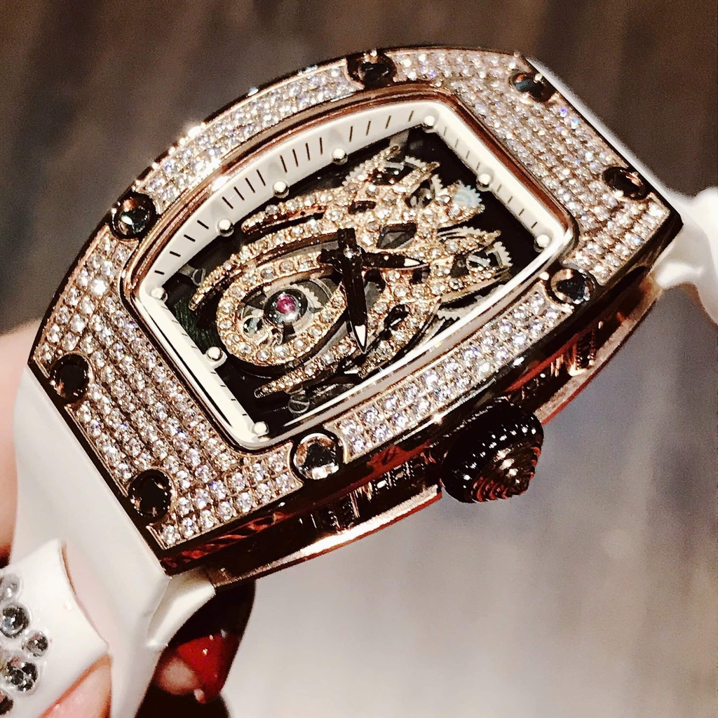 Set Đồng Hồ Nữ Hanboro Mặt Nhện Dây Cao Su Trắng Chính Hãng Đính Đá Rose Gold Size 31x44mm Quartz Tặng Kèm Bộ Dây Cao Su Đen